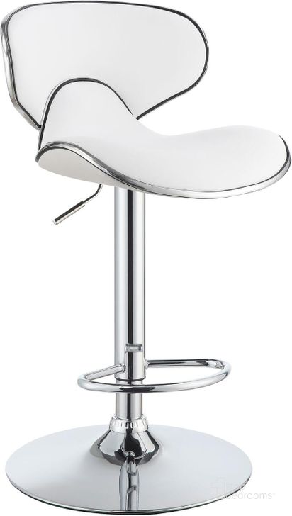 The appearance of Chrome Adjustable Bar Stool Set of 2 designed by Coaster in the modern / contemporary interior design. This white piece of furniture  was selected by 1StopBedrooms from Chrome Collection to add a touch of cosiness and style into your home. Sku: 120389. Product Type: Barstool. Material: Vinyl. Image1