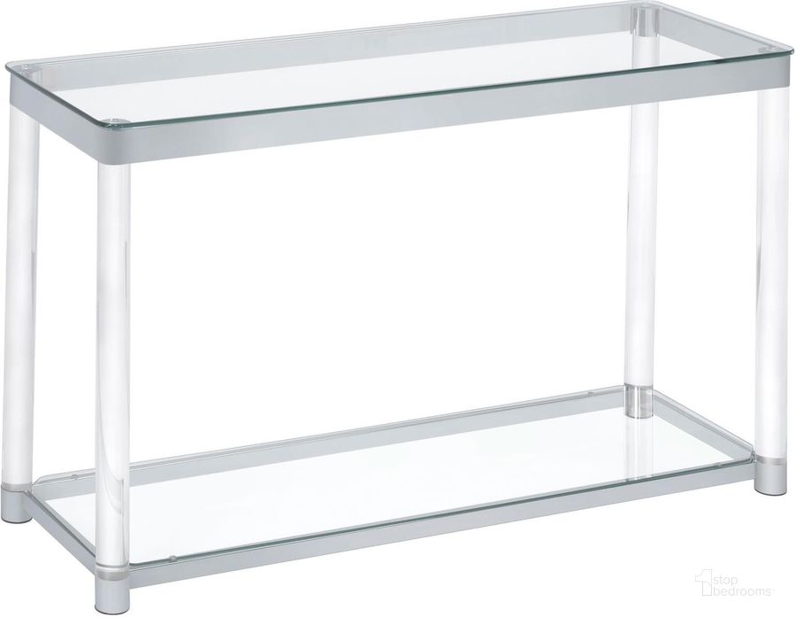 The appearance of Chrome and Clear Acrylic Sofa Table designed by Coaster in the modern / contemporary interior design. This silver piece of furniture  was selected by 1StopBedrooms from Sofa Tables Collection to add a touch of cosiness and style into your home. Sku: 720749. Material: Glass. Product Type: Sofa Table. Table Top Shape: Rectangular. Image1