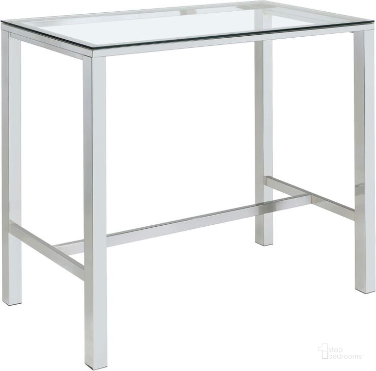 The appearance of Chrome Bar Table designed by Coaster in the modern / contemporary interior design. This chrome piece of furniture  was selected by 1StopBedrooms from Chrome Collection to add a touch of cosiness and style into your home. Sku: 104873. Material: Glass. Product Type: Bar Table. Table Top Shape: Rectangular. Image1