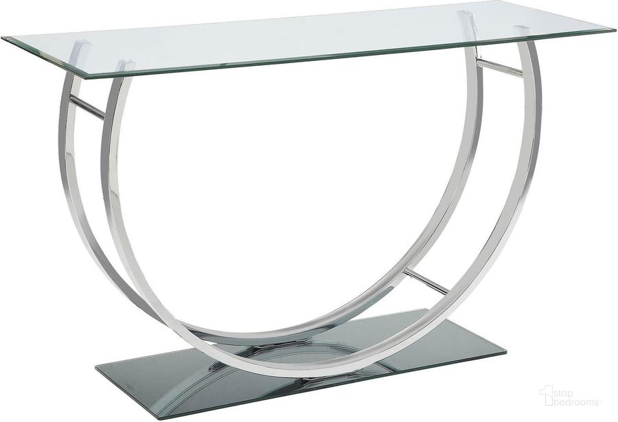 The appearance of Chrome Glass Top Sofa Table designed by Coaster in the transitional interior design. This silver piece of furniture  was selected by 1StopBedrooms from Sofa Tables Collection to add a touch of cosiness and style into your home. Sku: 704989. Material: Glass. Product Type: Sofa Table. Table Top Shape: Rectangular. Image1