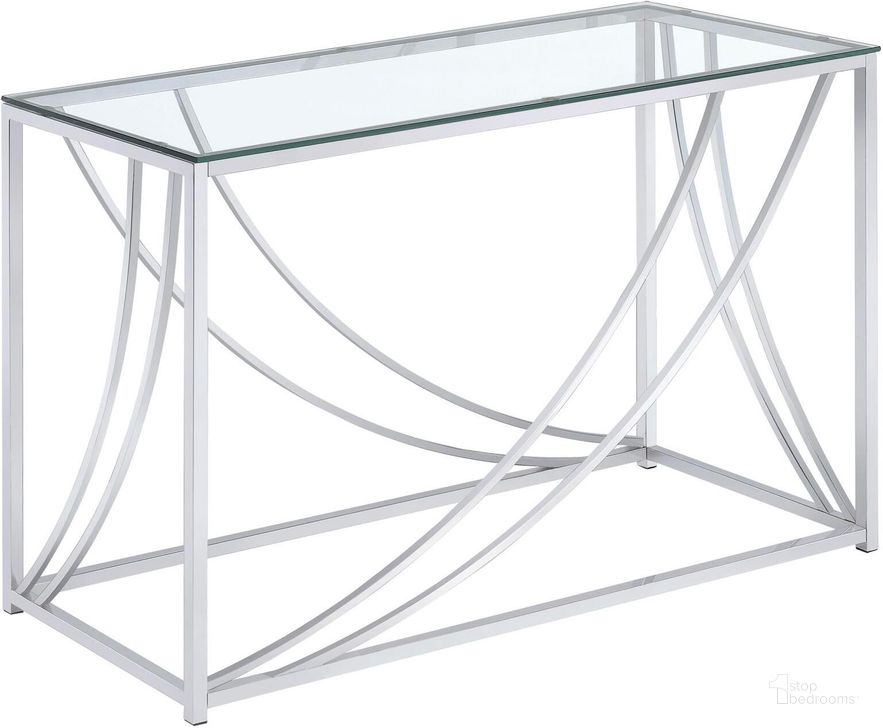 The appearance of Chrome Sofa Table designed by Coaster in the modern / contemporary interior design. This silver piece of furniture  was selected by 1StopBedrooms from Sofa Tables Collection to add a touch of cosiness and style into your home. Sku: 720499. Material: Glass. Product Type: Sofa Table. Table Top Shape: Rectangular. Image1