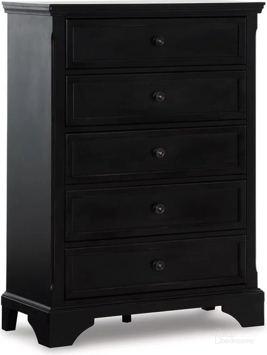 The appearance of Chylanta Black Five Drawer Chest designed by Signature Design by Ashley in the traditional interior design. This black piece of furniture  was selected by 1StopBedrooms from Chylanta Collection to add a touch of cosiness and style into your home. Sku: B739-46. Material: Wood. Product Type: Chest. Image1