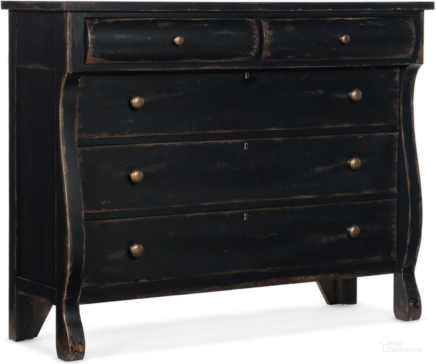 The appearance of Ciao Bella Five-Drawer Bureau designed by Hooker in the transitional interior design. This black piece of furniture  was selected by 1StopBedrooms from Ciaobella Collection to add a touch of cosiness and style into your home. Sku: 5805-90011-99. Material: Wood. Product Type: Chest. Image1