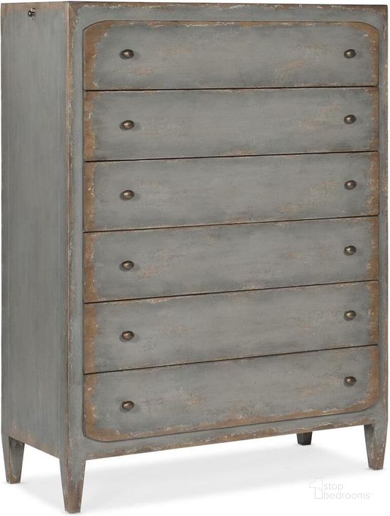 The appearance of Ciao Bella Six-Drawer Chest- Speckled Gray designed by Hooker in the transitional interior design. This gray piece of furniture  was selected by 1StopBedrooms from Ciaobella Collection to add a touch of cosiness and style into your home. Sku: 5805-90010-95. Material: Wood. Product Type: Chest. Image1