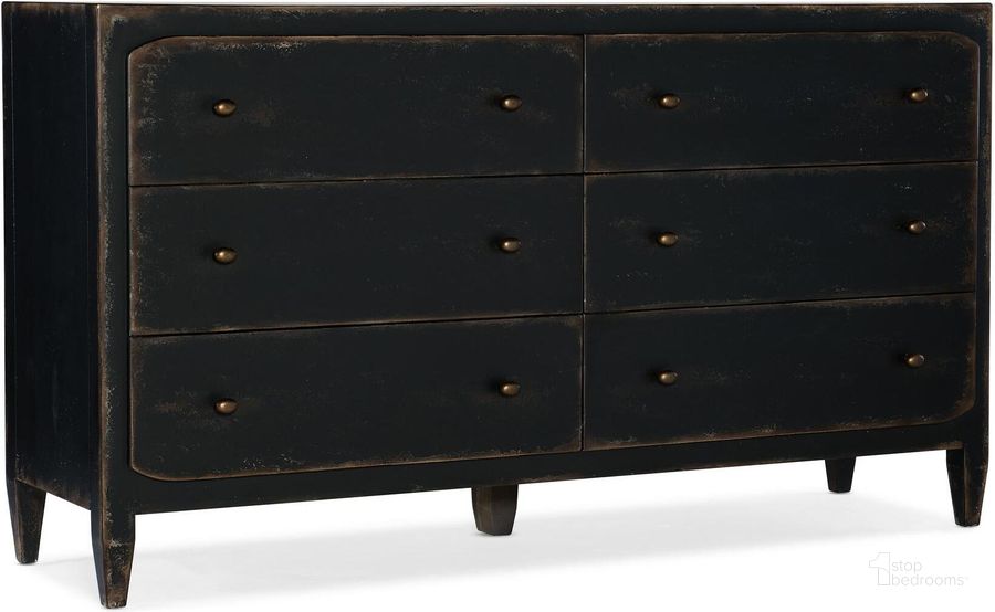 The appearance of Ciao Bella Six-Drawer Dresser- Black designed by Hooker in the transitional interior design. This black piece of furniture  was selected by 1StopBedrooms from Ciaobella Collection to add a touch of cosiness and style into your home. Sku: 5805-90002-99. Material: Wood. Product Type: Dresser. Image1