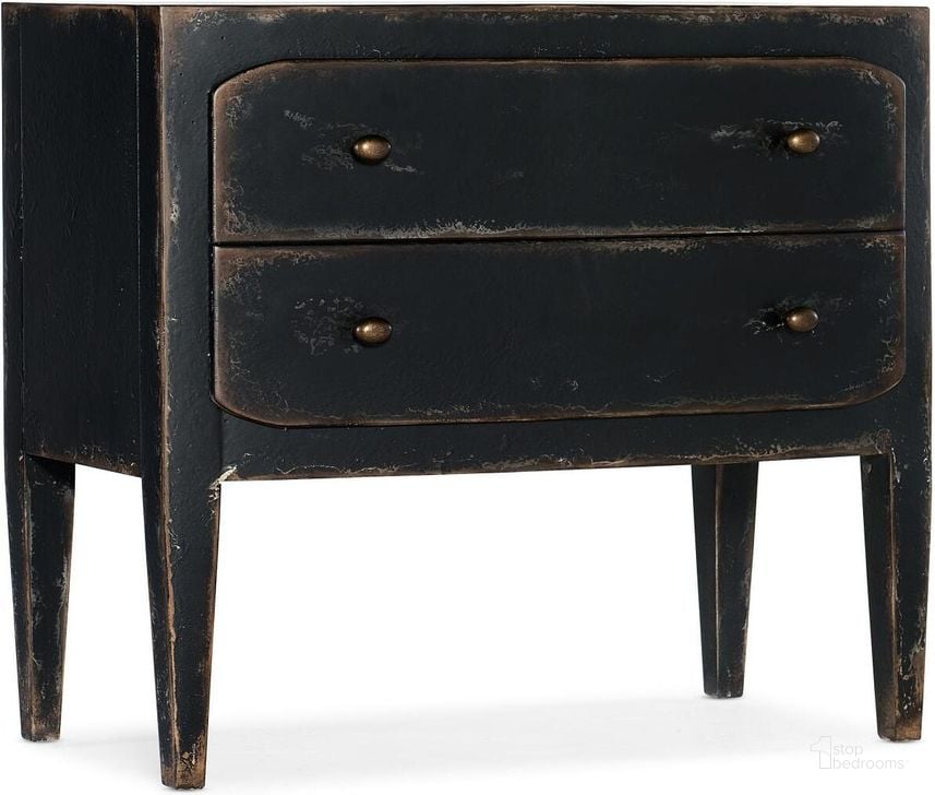 The appearance of Ciao Bella Two-Drawer Nightstand- Black designed by Hooker in the transitional interior design. This black piece of furniture  was selected by 1StopBedrooms from Ciaobella Collection to add a touch of cosiness and style into your home. Sku: 5805-90016-99. Material: Wood. Product Type: Nightstand. Image1