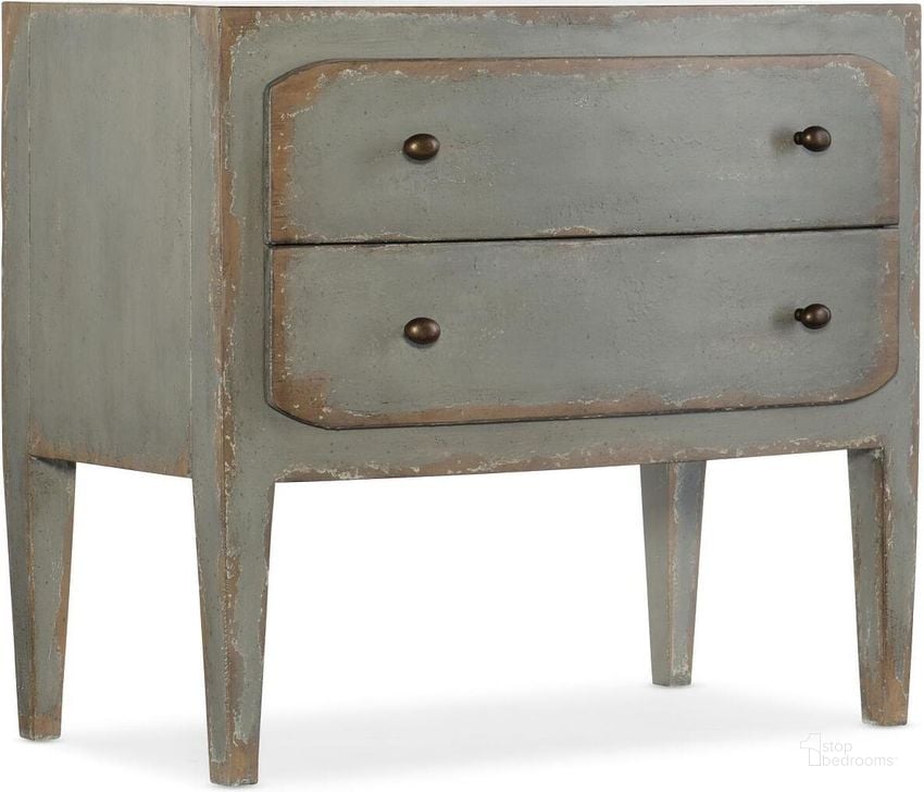 The appearance of Ciao Bella Two-Drawer Nightstand- Speckled Gray designed by Hooker in the transitional interior design. This gray piece of furniture  was selected by 1StopBedrooms from Ciaobella Collection to add a touch of cosiness and style into your home. Sku: 5805-90016-95. Material: Wood. Product Type: Nightstand. Image1