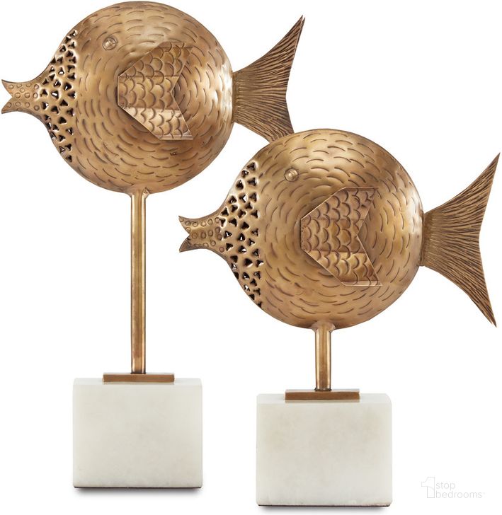The appearance of Cici Fish Set of 2 In Antique Brass and White designed by Currey & Company in the modern / contemporary interior design. This antique brass/white piece of furniture  was selected by 1StopBedrooms from Cici Collection to add a touch of cosiness and style into your home. Sku: 1200-0513. Material: Marble. Product Type: Sculpture. Image1
