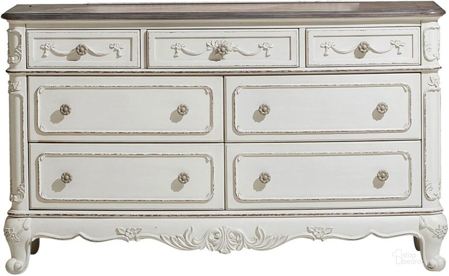 The appearance of Cinderella Antique White With Grey Dresser designed by Homelegance in the transitional interior design. This white and brown piece of furniture  was selected by 1StopBedrooms from Cinderella Collection to add a touch of cosiness and style into your home. Sku: 1386NW-5. Material: Wood. Product Type: Dresser. Image1
