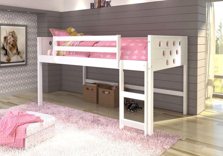 The appearance of Circles Low Loft Hdbd-Ftbd-Rails-Slats White designed by DONCO kids in the modern / contemporary interior design. This white piece of furniture  was selected by 1StopBedrooms from  to add a touch of cosiness and style into your home. Sku: 780A-TW. Material: Wood. Product Type: Loft Bed. Bed Size: Twin. Bed Type: Loft Bed. Image1