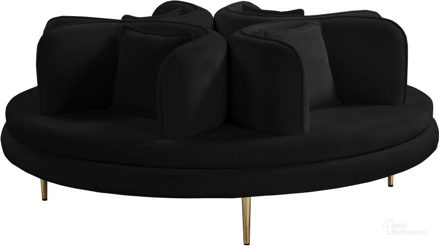 The appearance of Circlet Black Velvet Round Sofa Settee designed by Meridian in the modern / contemporary interior design. This black velvet piece of furniture  was selected by 1StopBedrooms from Circlet Collection to add a touch of cosiness and style into your home. Sku: 627Black-1;627Black-2. Product Type: Sofa. Material: Velvet. Image1