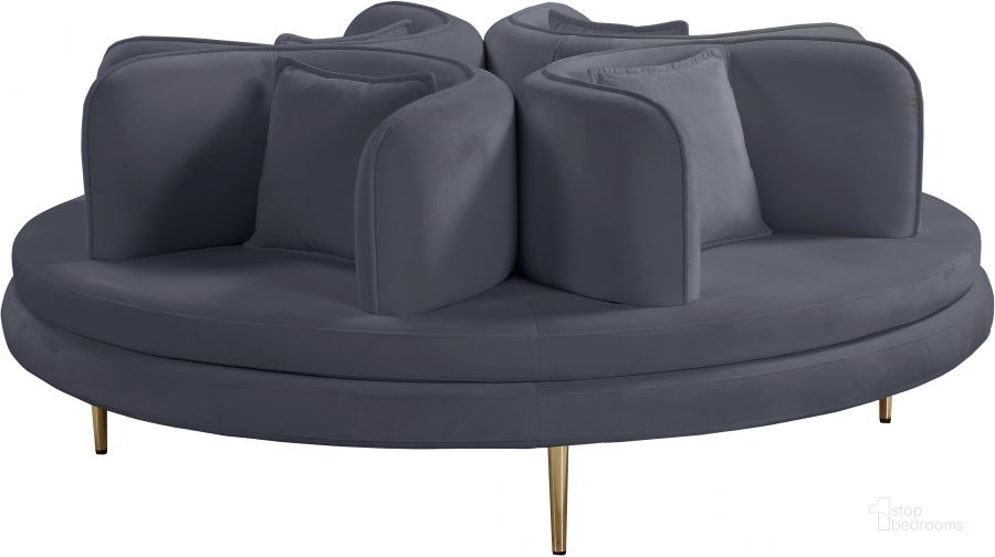 The appearance of Circlet Grey Velvet Round Sofa Settee designed by Meridian in the modern / contemporary interior design. This grey velvet piece of furniture  was selected by 1StopBedrooms from Circlet Collection to add a touch of cosiness and style into your home. Sku: 627Grey-1;627Grey-2. Product Type: Sofa. Material: Velvet. Image1