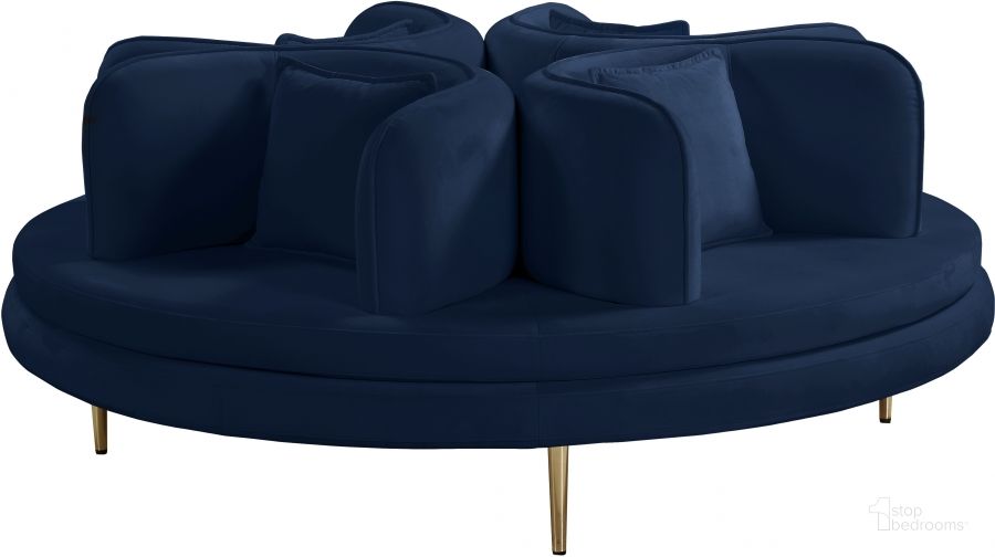 The appearance of Circlet Navy Velvet Round Sofa Settee designed by Meridian in the modern / contemporary interior design. This navy velvet piece of furniture  was selected by 1StopBedrooms from Circlet Collection to add a touch of cosiness and style into your home. Sku: 627Navy-1;627Navy-2. Product Type: Sofa. Material: Velvet. Image1