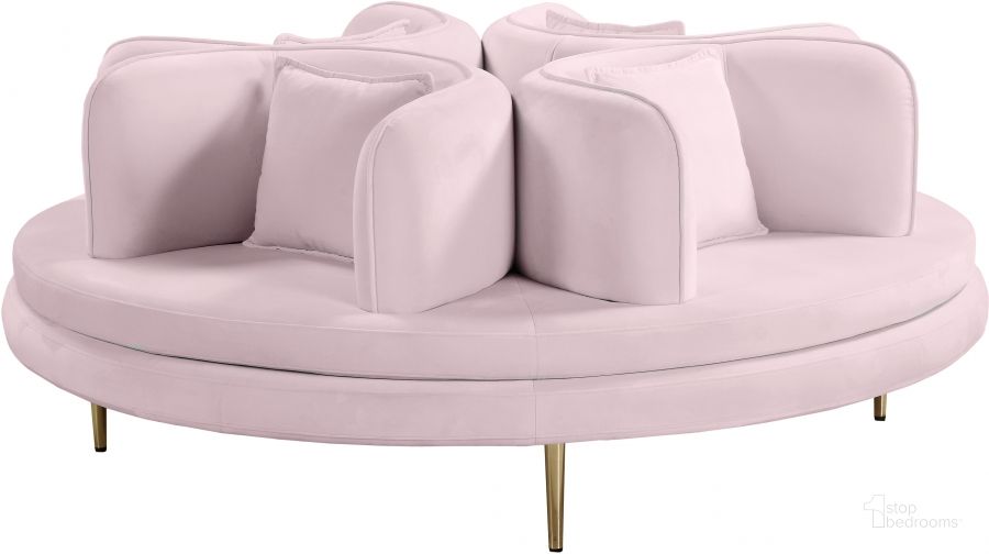 The appearance of Circlet PInk Velvet Round Sofa Settee designed by Meridian in the modern / contemporary interior design. This pink velvet piece of furniture  was selected by 1StopBedrooms from Circlet Collection to add a touch of cosiness and style into your home. Sku: 627Pink-1;627Pink-2. Product Type: Sofa. Material: Velvet. Image1