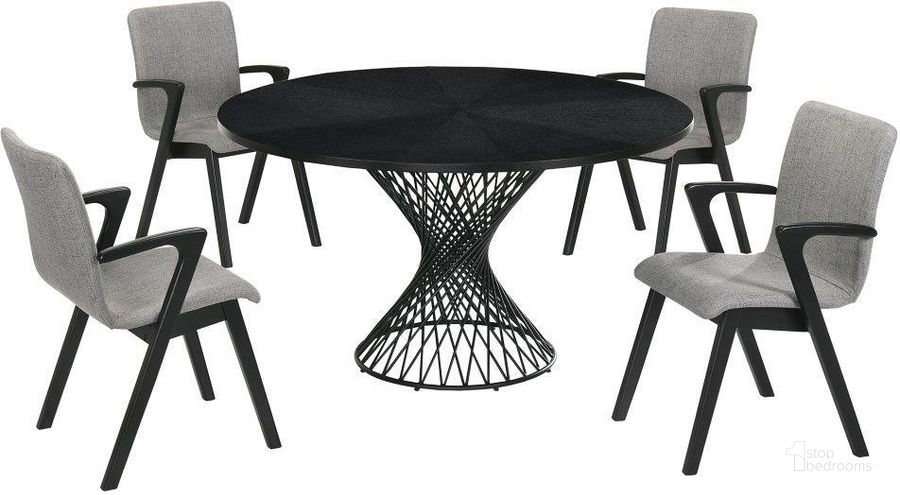 The appearance of Cirque And Varde 5 Piece Black Round Dining Set designed by Armen Living in the modern / contemporary interior design. This black piece of furniture  was selected by 1StopBedrooms from Cirque Collection to add a touch of cosiness and style into your home. Sku: LCCQDIBLBX1;LCCQDIBLBX2;LCVRSIGRBL;LCVRSIGRBL. Product Type: Dining Room Set. Material: Rubberwood. Image1