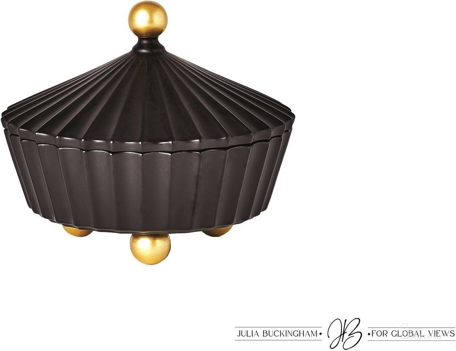 The appearance of Cirque Squat Vessel With Lid In Black designed by Global Views in the modern / contemporary interior design. This black piece of furniture  was selected by 1StopBedrooms from Cirque Collection to add a touch of cosiness and style into your home. Sku: JB1.10054. Material: Ceramic. Product Type: Decorative Accessory. Image1