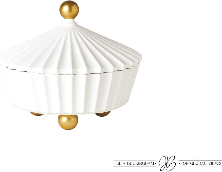 The appearance of Cirque Squat Vessel With Lid In White designed by Global Views in the modern / contemporary interior design. This gold piece of furniture  was selected by 1StopBedrooms from Cirque Collection to add a touch of cosiness and style into your home. Sku: JB1.10057. Material: Ceramic. Product Type: Decorative Accessory. Image1