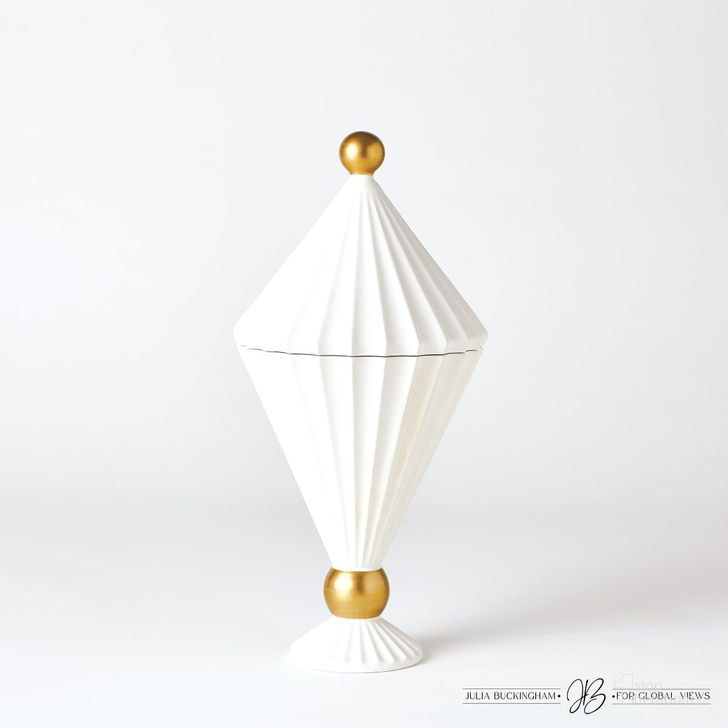 The appearance of Cirque Tall Vessel With Lid In White designed by Global Views in the modern / contemporary interior design. This gold piece of furniture  was selected by 1StopBedrooms from Cirque Collection to add a touch of cosiness and style into your home. Sku: JB1.10058. Material: Ceramic. Product Type: Decorative Accessory. Image1