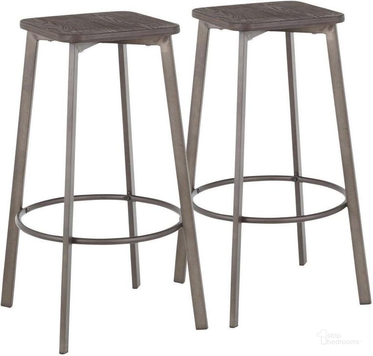 The appearance of Clara Industrial Square Barstool In Antique Metal And Espresso Wood-Pressed Grain Bamboo - Set Of 2 designed by Lumisource in the industrial interior design. This antique metal piece of furniture  was selected by 1StopBedrooms from Clara Collection to add a touch of cosiness and style into your home. Sku: B30-CLRASQ ANE2. Product Type: Barstool. Material: Bamboo. Image1
