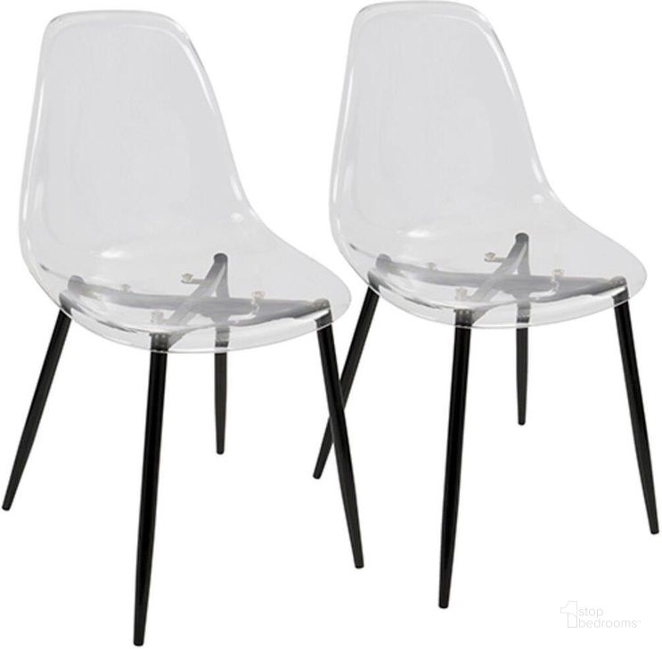 The appearance of Clara Mid-Century Modern Dining Chair In Black And Clear - Set Of 2 designed by Lumisource in the transitional interior design. This black piece of furniture  was selected by 1StopBedrooms from Clara Collection to add a touch of cosiness and style into your home. Sku: CH-CLRA BK+CL2. Material: Metal. Product Type: Dining Chair. Image1