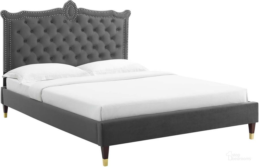 The appearance of Clara Performance Velvet Queen Platform Bed In Charcoal MOD-6593-CHA designed by Modway in the modern / contemporary interior design. This charcoal piece of furniture  was selected by 1StopBedrooms from Clara Collection to add a touch of cosiness and style into your home. Sku: MOD-6593-CHA. Bed Type: Platform Bed. Product Type: Platform Bed. Bed Size: Queen. Material: MDF. Image1
