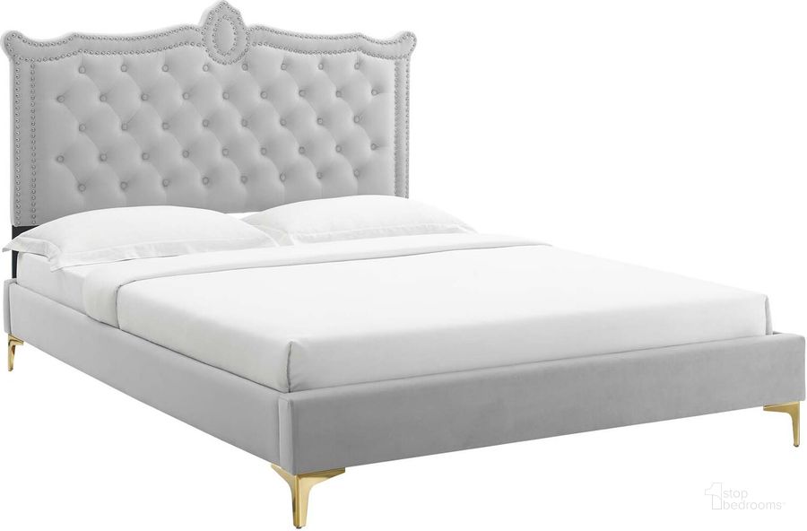 The appearance of Clara Performance Velvet Queen Platform Bed In Light Gray MOD-6592-LGR designed by Modway in the modern / contemporary interior design. This light gray piece of furniture  was selected by 1StopBedrooms from Clara Collection to add a touch of cosiness and style into your home. Sku: MOD-6592-LGR. Bed Type: Platform Bed. Product Type: Platform Bed. Bed Size: Queen. Material: MDF. Image1