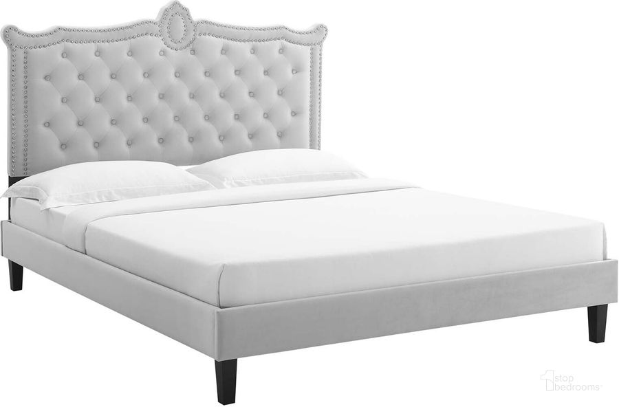 The appearance of Clara Performance Velvet Queen Platform Bed In Light Gray MOD-6594-LGR designed by Modway in the modern / contemporary interior design. This light gray piece of furniture  was selected by 1StopBedrooms from Clara Collection to add a touch of cosiness and style into your home. Sku: MOD-6594-LGR. Bed Type: Platform Bed. Product Type: Platform Bed. Bed Size: Queen. Material: MDF. Image1