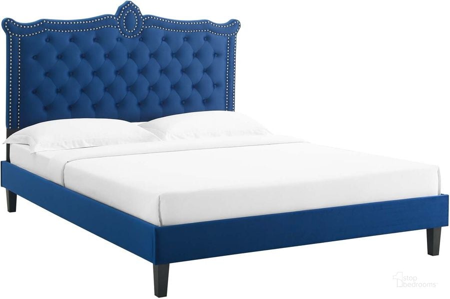 The appearance of Clara Performance Velvet Queen Platform Bed In Navy MOD-6594-NAV designed by Modway in the modern / contemporary interior design. This navy piece of furniture  was selected by 1StopBedrooms from Clara Collection to add a touch of cosiness and style into your home. Sku: MOD-6594-NAV. Bed Type: Platform Bed. Product Type: Platform Bed. Bed Size: Queen. Material: MDF. Image1