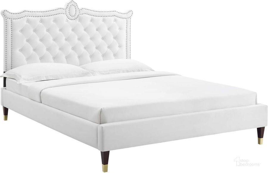The appearance of Clara Performance Velvet Queen Platform Bed In White MOD-6593-WHI designed by Modway in the modern / contemporary interior design. This white piece of furniture  was selected by 1StopBedrooms from Clara Collection to add a touch of cosiness and style into your home. Sku: MOD-6593-WHI. Bed Type: Platform Bed. Product Type: Platform Bed. Bed Size: Queen. Material: MDF. Image1