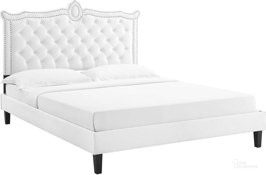 The appearance of Clara Performance Velvet Queen Platform Bed In White MOD-6594-WHI designed by Modway in the modern / contemporary interior design. This white piece of furniture  was selected by 1StopBedrooms from Clara Collection to add a touch of cosiness and style into your home. Sku: MOD-6594-WHI. Bed Type: Platform Bed. Product Type: Platform Bed. Bed Size: Queen. Material: MDF. Image1