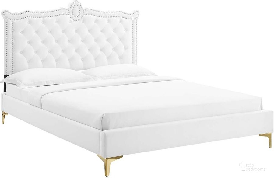 The appearance of Clara Performance Velvet Queen Platform Bed In White designed by Modway in the modern / contemporary interior design. This white piece of furniture  was selected by 1StopBedrooms from Clara Collection to add a touch of cosiness and style into your home. Sku: MOD-6592-WHI. Bed Type: Platform Bed. Product Type: Platform Bed. Bed Size: Queen. Material: MDF. Image1