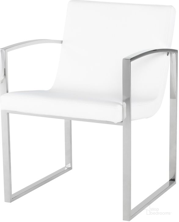 The appearance of Clara White and Silver Naugahyde Dining Chair designed by Nuevo in the modern / contemporary interior design. This white piece of furniture  was selected by 1StopBedrooms from Clara Collection to add a touch of cosiness and style into your home. Sku: HGTB381. Material: Metal. Product Type: Dining Chair. Image1