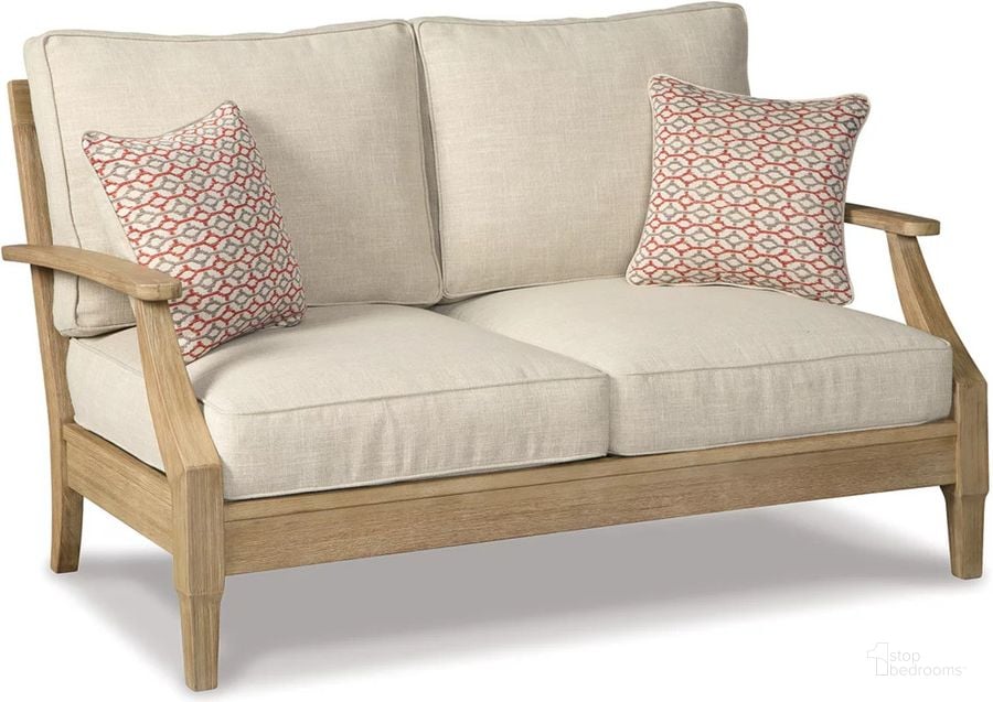 The appearance of Clare View Beige Outdoor Loveseat with Cushion designed by Signature Design by Ashley in the modern / contemporary interior design. This beige piece of furniture  was selected by 1StopBedrooms from Clare View Collection to add a touch of cosiness and style into your home. Sku: P801-835. Material: Fabric. Product Type: Outdoor Loveseat. Image1