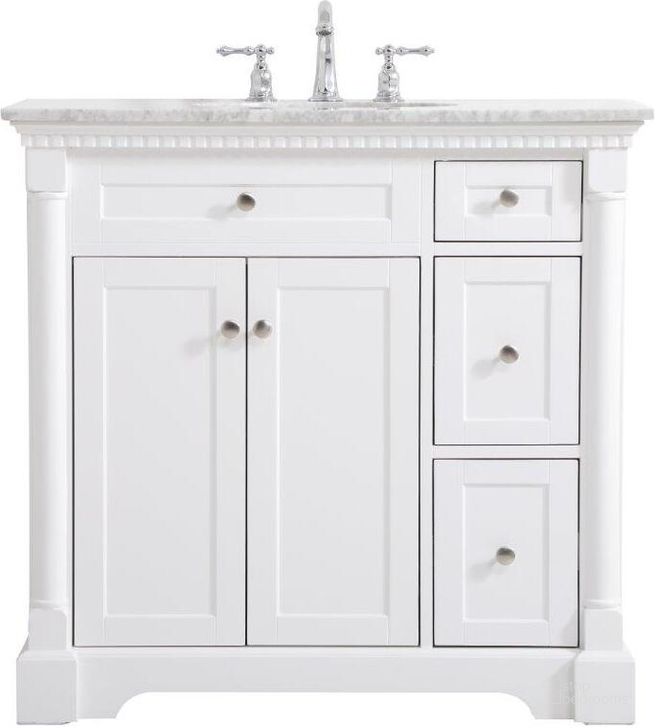 The appearance of Clarence 36 Inch Single Bathroom Vanity In White designed by Elegant Lighting in the traditional interior design. This white piece of furniture  was selected by 1StopBedrooms from Clarence Collection to add a touch of cosiness and style into your home. Sku: VF53036WH. Material: Wood. Product Type: Bathroom Vanity. Image1