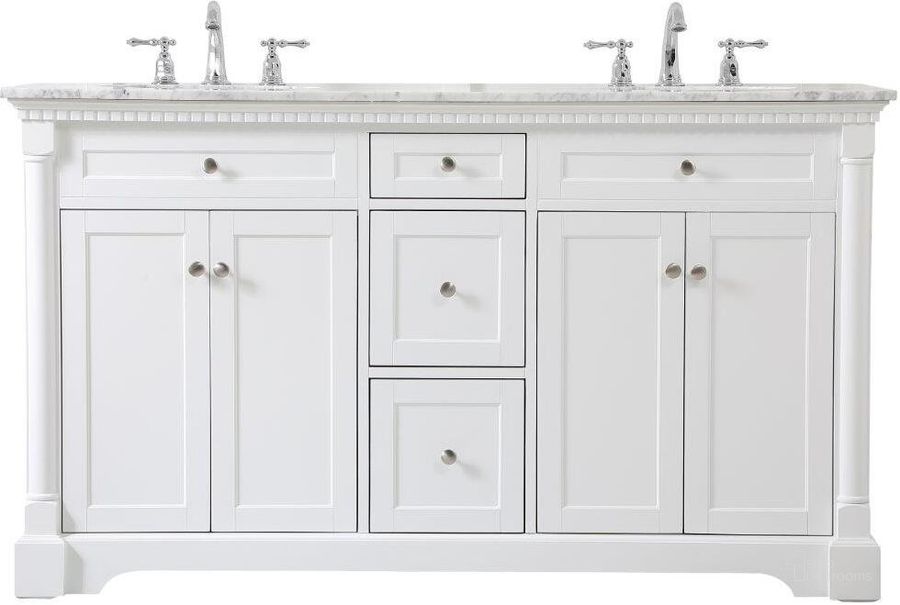 The appearance of Clarence 60 Inch Double Bathroom Vanity In White designed by Elegant Lighting in the traditional interior design. This white piece of furniture  was selected by 1StopBedrooms from Clarence Collection to add a touch of cosiness and style into your home. Sku: VF53060DWH. Material: Wood. Product Type: Bathroom Vanity. Image1