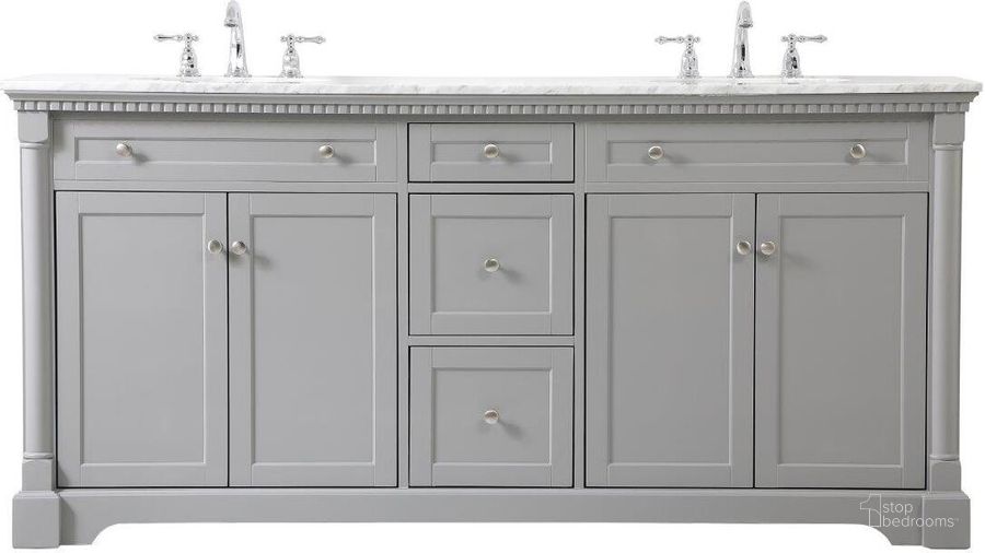 The appearance of Clarence 72 Inch Double Bathroom Vanity In Grey designed by Elegant Lighting in the traditional interior design. This grey piece of furniture  was selected by 1StopBedrooms from Clarence Collection to add a touch of cosiness and style into your home. Sku: VF53072DGR. Material: Wood. Product Type: Bathroom Vanity. Image1