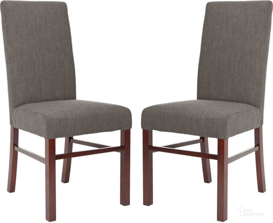The appearance of Classic Charcoal Brown and Cherry Mahogany Linen Side Chair designed by Safavieh in the transitional interior design. This charcoal piece of furniture  was selected by 1StopBedrooms from Classic Collection to add a touch of cosiness and style into your home. Sku: HUD8205J-SET2. Material: Wood. Product Type: Dining Chair. Image1