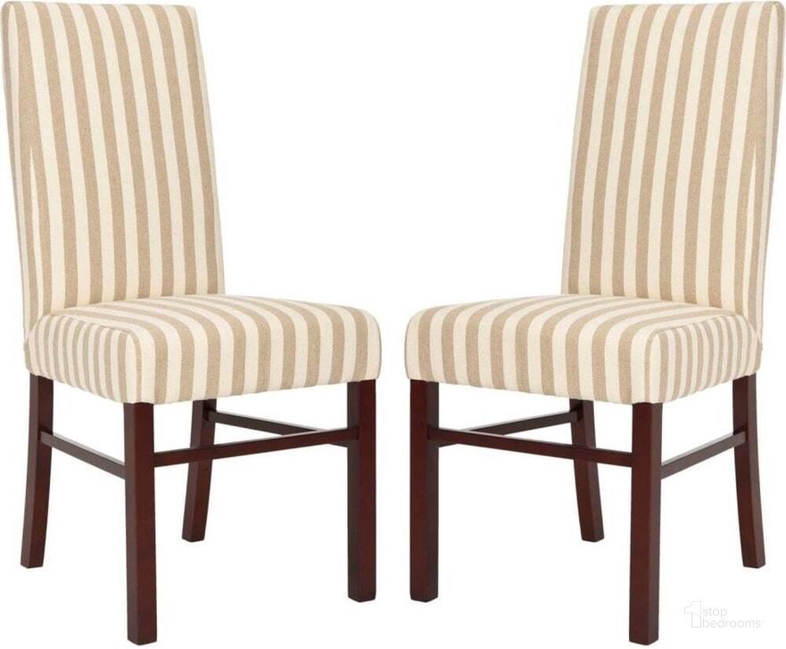 The appearance of Classic Cream, Tan and Cherry Mahogany Striped Side Chair designed by Safavieh in the traditional interior design. This tan and cream piece of furniture  was selected by 1StopBedrooms from Classic Collection to add a touch of cosiness and style into your home. Sku: HUD8205C-SET2. Material: Wood. Product Type: Dining Chair. Image1