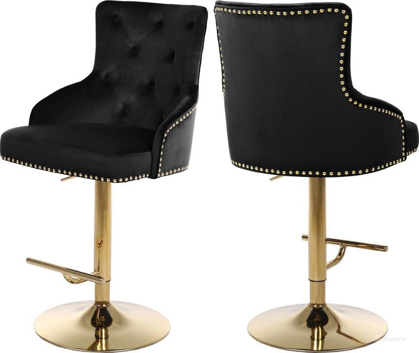 The appearance of Claude Black Velvet Adjustable Stool designed by Meridian in the modern / contemporary interior design. This black velvet piece of furniture  was selected by 1StopBedrooms from Claude Collection to add a touch of cosiness and style into your home. Sku: 713Black. Product Type: Counter Height Chair. Material: Velvet. Image1