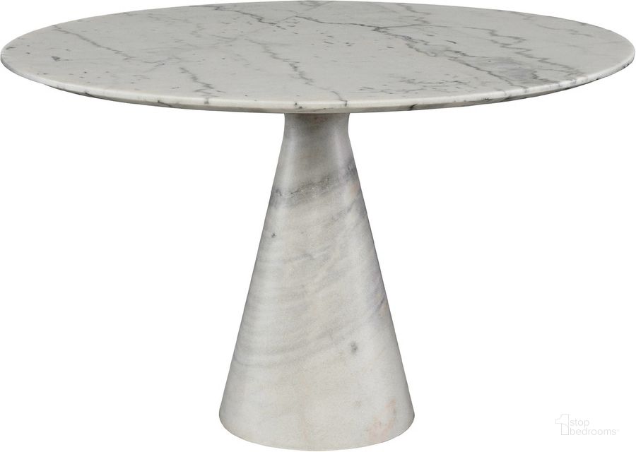 The appearance of Claudio White Stone Dining Table designed by Nuevo in the modern / contemporary interior design. This white piece of furniture  was selected by 1StopBedrooms from Claudio Collection to add a touch of cosiness and style into your home. Sku: HGNA585. Table Base Style: Pedestal. Table Top Shape: Round. Product Type: Dining Table. Material: Stone. Size: 47". Image1