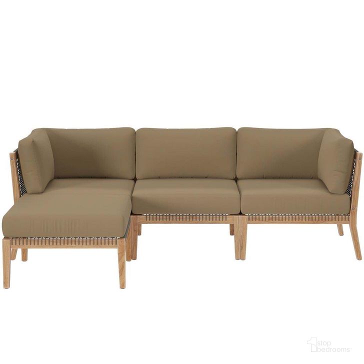 The appearance of Clearwater Outdoor Patio Teak Wood 4 Piece Sectional Sofa In Gray Light Brown designed by Modway in the transitional interior design. This light brown piece of furniture  was selected by 1StopBedrooms from Clearwater Collection to add a touch of cosiness and style into your home. Sku: EEI-6121-GRY-LBR. Material: Wood. Product Type: Outdoor Sectional. Image1