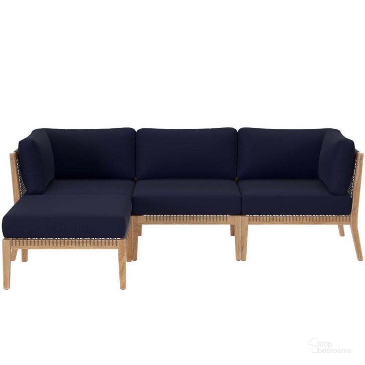 The appearance of Clearwater Outdoor Patio Teak Wood 4 Piece Sectional Sofa In Gray Navy designed by Modway in the transitional interior design. This gray navy piece of furniture  was selected by 1StopBedrooms from Clearwater Collection to add a touch of cosiness and style into your home. Sku: EEI-6121-GRY-NAV. Material: Wood. Product Type: Outdoor Sectional. Image1