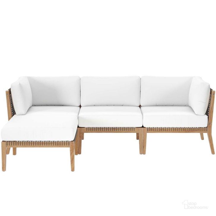 The appearance of Clearwater Outdoor Patio Teak Wood 4 Piece Sectional Sofa In Gray White designed by Modway in the transitional interior design. This white and grey piece of furniture  was selected by 1StopBedrooms from Clearwater Collection to add a touch of cosiness and style into your home. Sku: EEI-6121-GRY-WHI. Material: Wood. Product Type: Outdoor Sectional. Image1