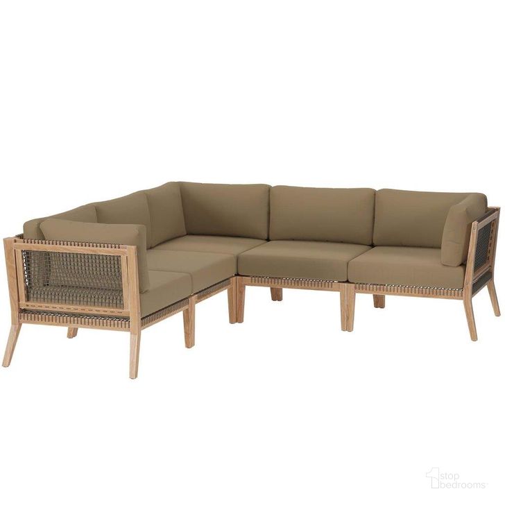 The appearance of Clearwater Outdoor Patio Teak Wood 5 Piece Sectional Sofa In Gray Light Brown designed by Modway in the transitional interior design. This light brown piece of furniture  was selected by 1StopBedrooms from Clearwater Collection to add a touch of cosiness and style into your home. Sku: EEI-6123-GRY-LBR. Material: Wood. Product Type: Outdoor Sectional. Image1