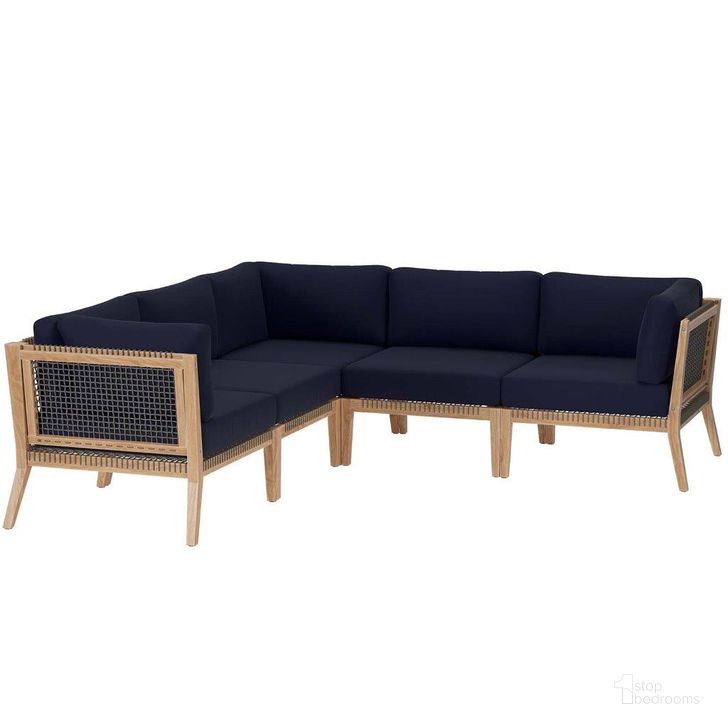 The appearance of Clearwater Outdoor Patio Teak Wood 5 Piece Sectional Sofa In Gray Navy designed by Modway in the transitional interior design. This gray navy piece of furniture  was selected by 1StopBedrooms from Clearwater Collection to add a touch of cosiness and style into your home. Sku: EEI-6123-GRY-NAV. Material: Wood. Product Type: Outdoor Sectional. Image1