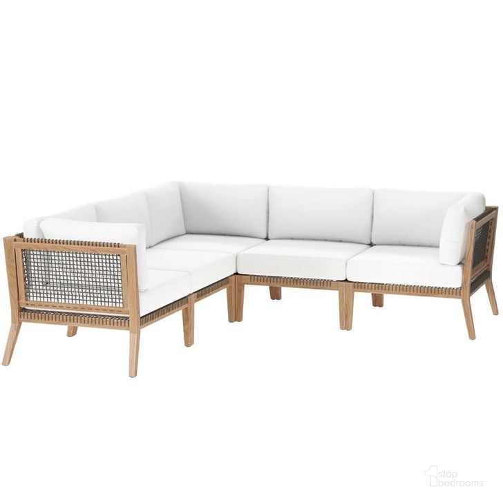 The appearance of Clearwater Outdoor Patio Teak Wood 5 Piece Sectional Sofa In Gray White designed by Modway in the transitional interior design. This white and grey piece of furniture  was selected by 1StopBedrooms from Clearwater Collection to add a touch of cosiness and style into your home. Sku: EEI-6123-GRY-WHI. Material: Wood. Product Type: Outdoor Sectional. Image1