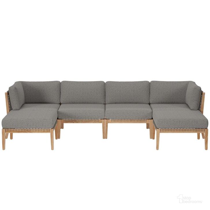 The appearance of Clearwater Outdoor Patio Teak Wood 6 Piece Sectional Sofa In Gray Graphite EEI-6122-GRY-GPH designed by Modway in the transitional interior design. This grey and graphite piece of furniture  was selected by 1StopBedrooms from Clearwater Collection to add a touch of cosiness and style into your home. Sku: EEI-6122-GRY-GPH. Material: Wood. Product Type: Outdoor Sectional. Image1
