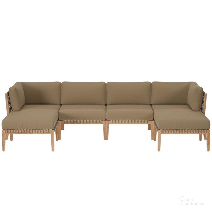 The appearance of Clearwater Outdoor Patio Teak Wood 6 Piece Sectional Sofa In Gray Light Brown EEI-6122-GRY-LBR designed by Modway in the transitional interior design. This light brown piece of furniture  was selected by 1StopBedrooms from Clearwater Collection to add a touch of cosiness and style into your home. Sku: EEI-6122-GRY-LBR. Material: Wood. Product Type: Outdoor Sectional. Image1