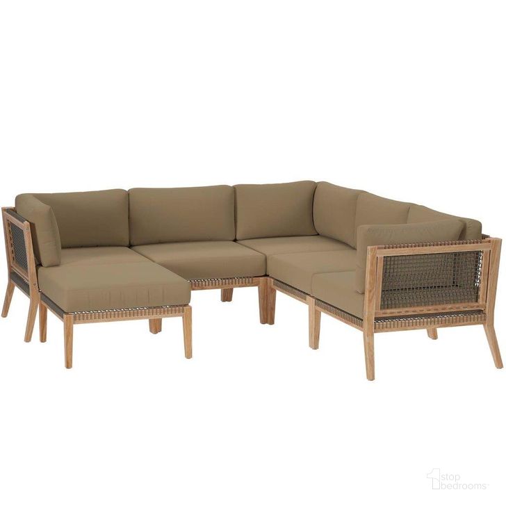 The appearance of Clearwater Outdoor Patio Teak Wood 6 Piece Sectional Sofa In Gray Light Brown EEI-6124-GRY-LBR designed by Modway in the transitional interior design. This light brown piece of furniture  was selected by 1StopBedrooms from Clearwater Collection to add a touch of cosiness and style into your home. Sku: EEI-6124-GRY-LBR. Material: Wood. Product Type: Outdoor Sectional. Image1