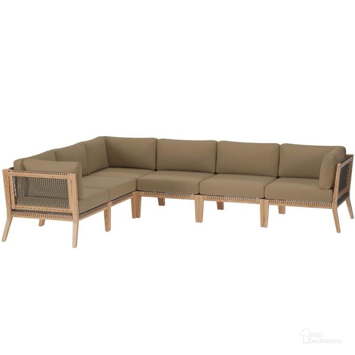 The appearance of Clearwater Outdoor Patio Teak Wood 6 Piece Sectional Sofa In Gray Light Brown EEI-6125-GRY-LBR designed by Modway in the transitional interior design. This light brown piece of furniture  was selected by 1StopBedrooms from Clearwater Collection to add a touch of cosiness and style into your home. Sku: EEI-6125-GRY-LBR. Material: Wood. Product Type: Outdoor Sectional. Image1